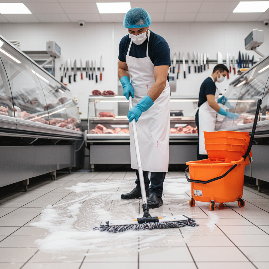 Food retail worker cleaning