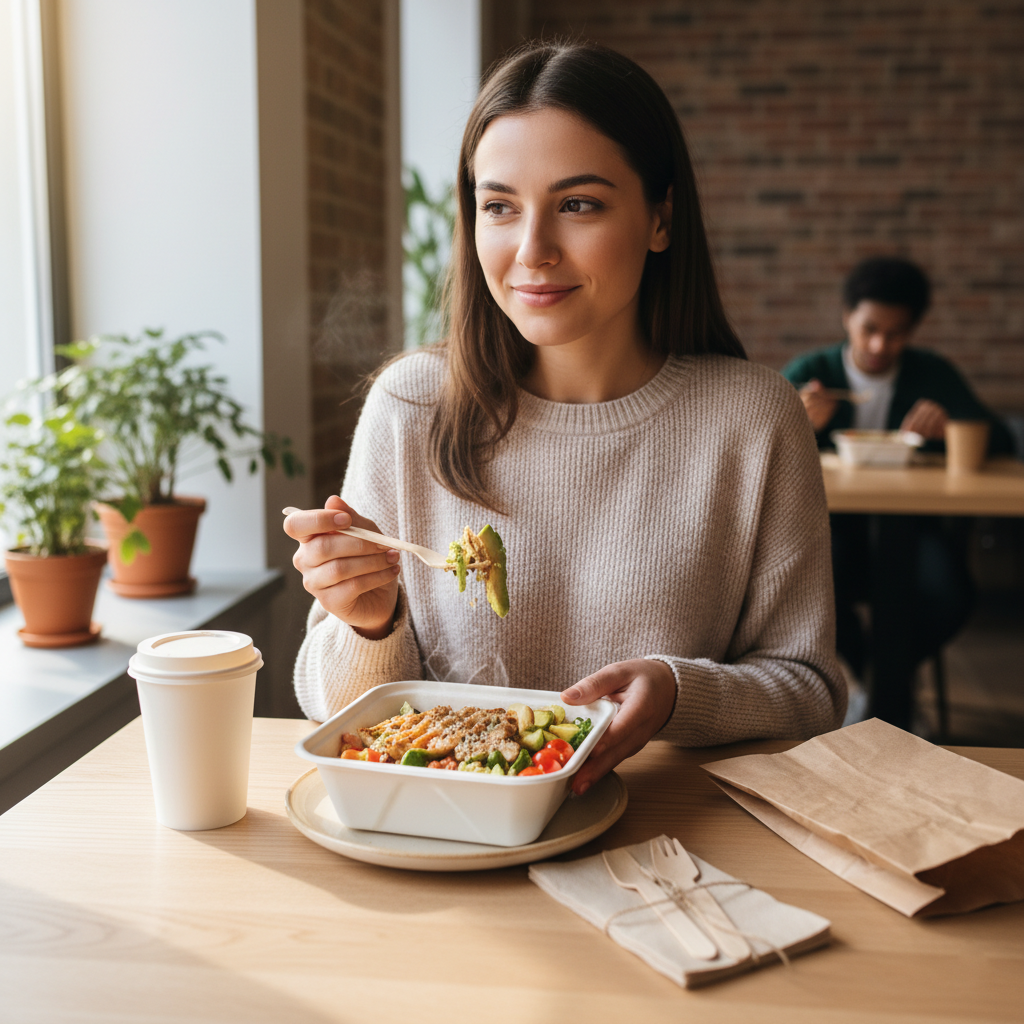 Woman eating takeaway food